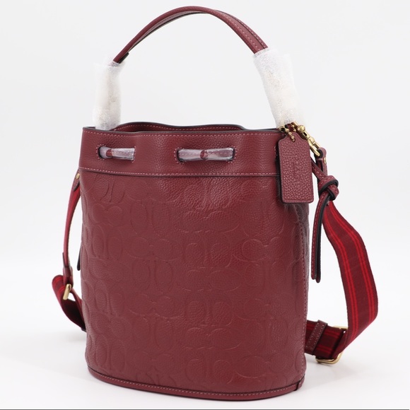 New Coach Field Signature Leather Bucket Shoulder Bag Wine - Picture 4 of 12